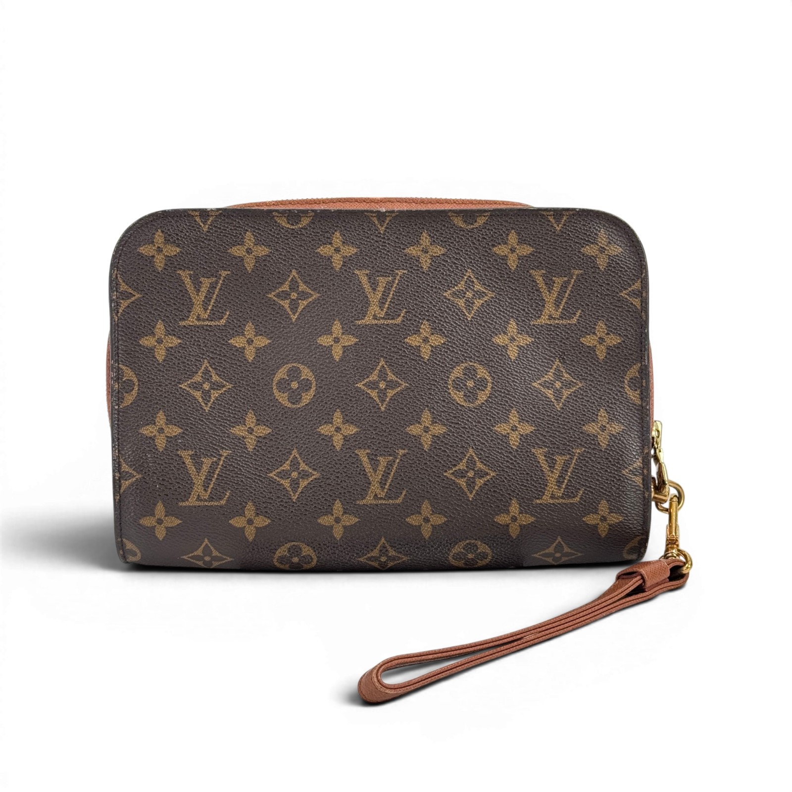 【中古】LOUIS VUITTON オルセー モノグラム 帆布 赤銅色 ジップ リストクラッチバッグ M51790
