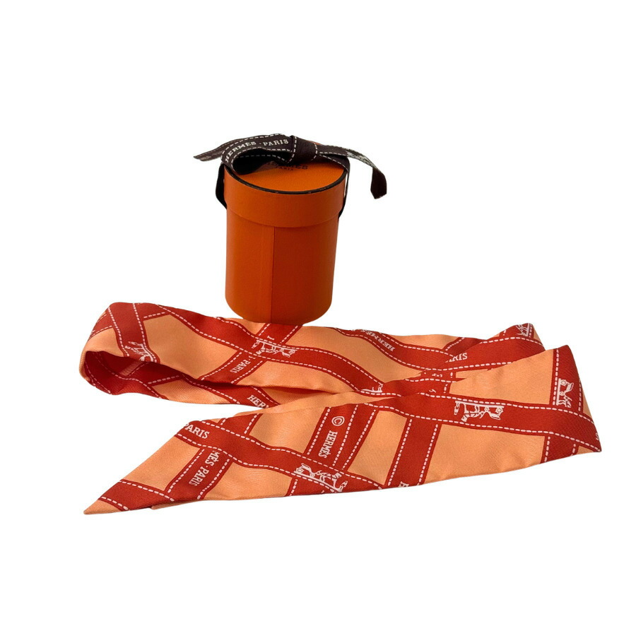 【中古】美品 HERMES エルメス ツイリー スカーフ バッグアクセサリー シルク オレンジ レディース