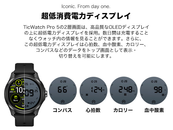 スマートウォッチTicWatchPro5最新WearOSbyGoogleandroidグーグル対応5ATM防水高速充電LINE返信通話機能googlefit丸型LINE通知時計腕時計マイクスピーカーGPS搭載ブラックSnapdragon®W5+Gen1ウェアラブルプラットフォーム