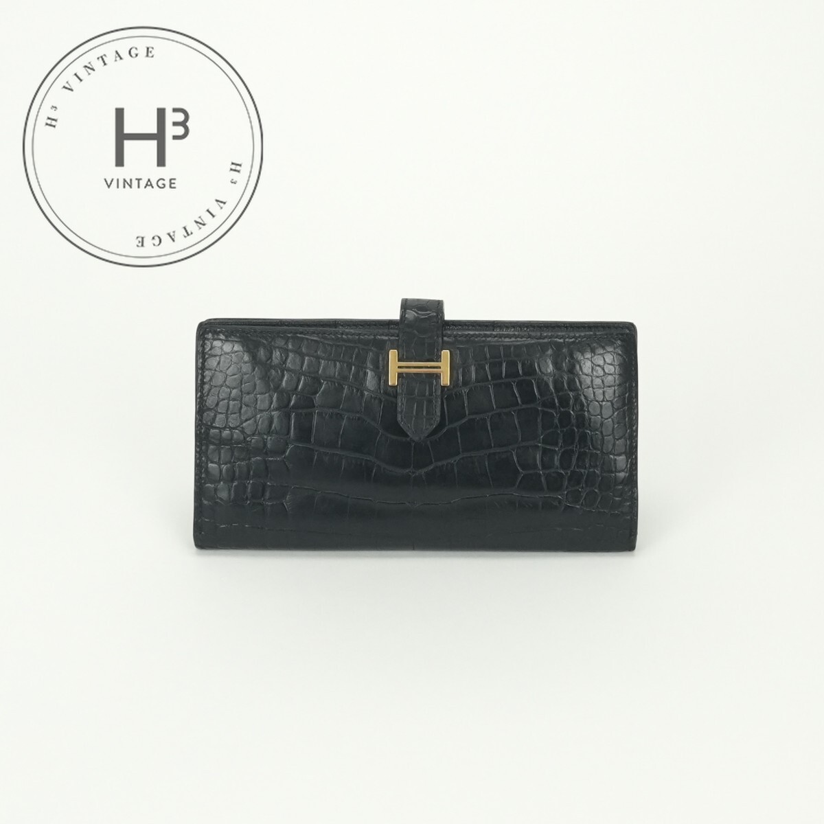 エルメス HERMES ベアンスフレ ベアン スフレ 札入れ 長札入れ ロングウォレット アリゲーター クロコダイル ノワール Noir 黒いこと Black 黒 ゴールド金具 異国的