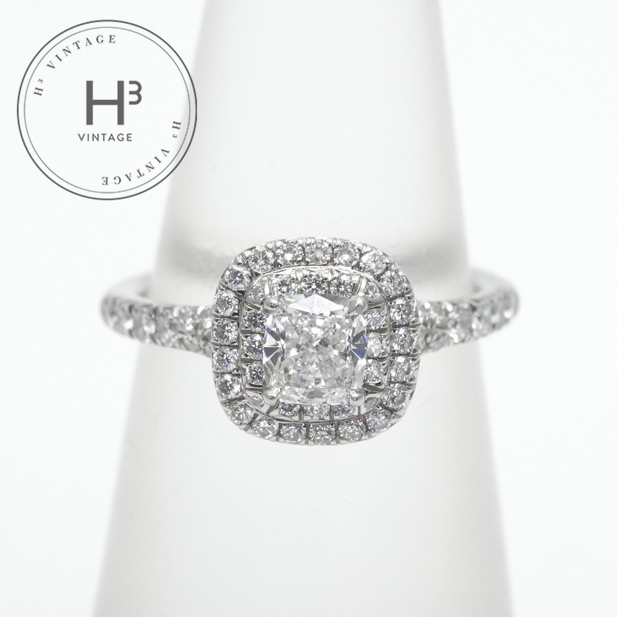 ティファニー TIFFANY&Co. クッション カット ダブル ハロー エンゲージメント リング ダイヤモンド プラチナ バンド ソレスト リング 指輪 Pt950 婚約指輪 エンゲージリング|H3(エイチスリー)店