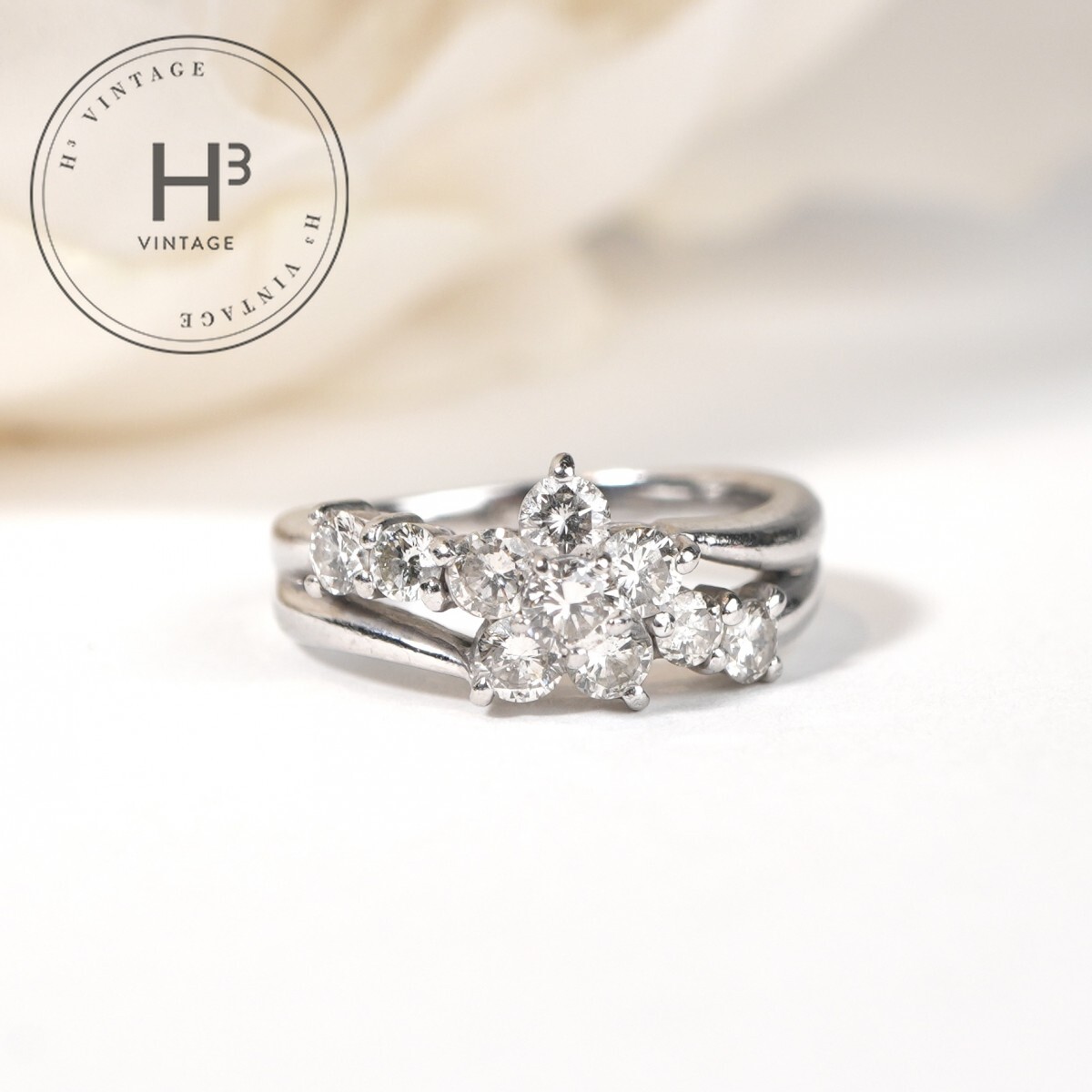 ダイヤモンド 1.04ct リング Pt900 プラチナ 指輪 レディース フラワーモチーフ ダイヤリング 中古ジュエリー 一点物|H3(エイチスリー)店