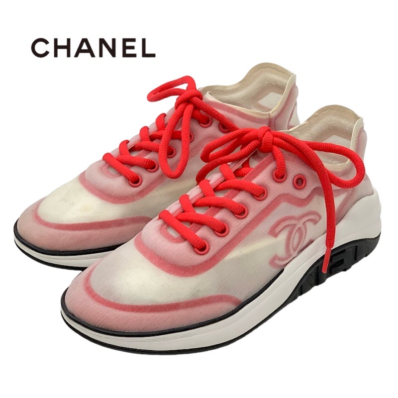 シャネル ココマーク ファブリック スニーカー CHANEL Authentic Sneakers Shoes Fabric Red White Mesh Coco