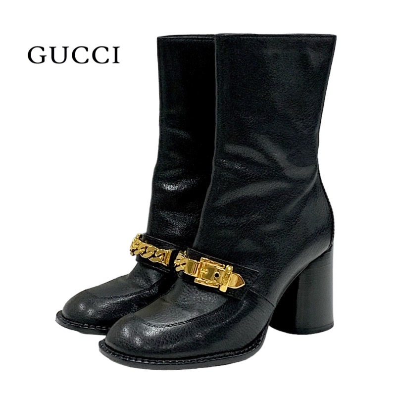 グッチ GUCCI ブーツ ショートブーツ 靴 シューズ チェーンベルト レザー ブラック 黒 ゴールド ギフト プレゼント 送料無料