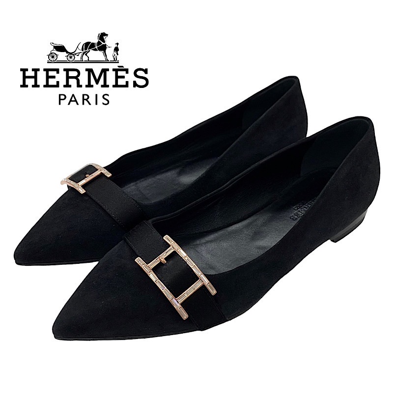☆極美品☆エルメス☆ビジューの美しい フラットパンプス 37 黒 HERMES ☆極美品☆エルメス☆ビジューの美しい フラットパンプス 37 黒