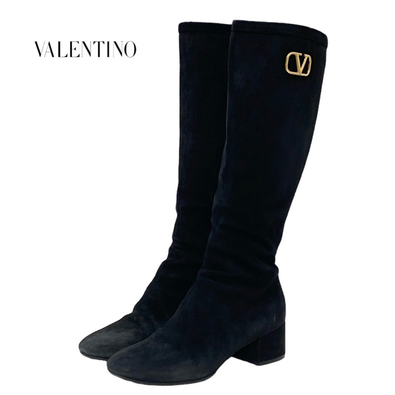 ヴァレンティノ VALENTINO ブーツ ロングブーツ 靴 シューズ V金具 スエードクロス 黒いこと 黒 ゴールド 靴-その他-ブーツ