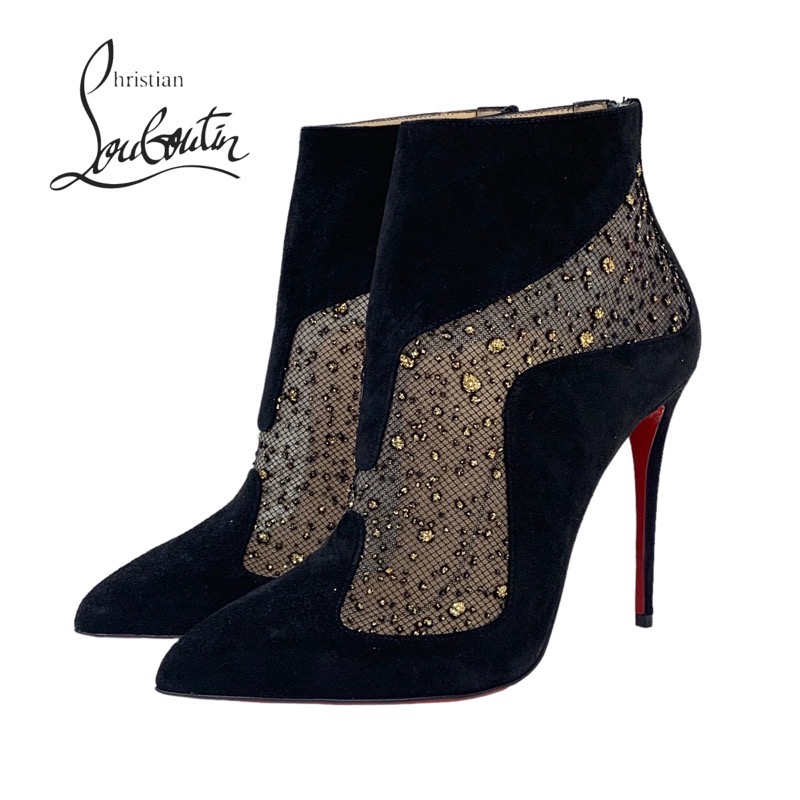 未使用 クリスチャンルブタン Christian Louboutin ブーツ ショートブーツ 靴 シューズ グリッター スエード メッシュ ブラック 黒 ギフト プレゼント 送料無料