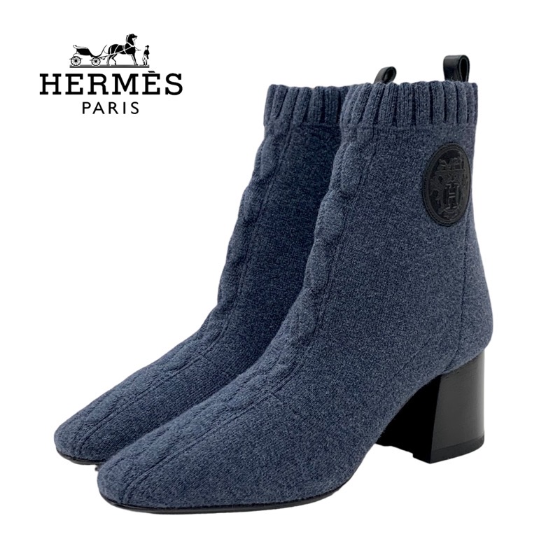 未使用 エルメス HERMES ヴォルヴェール ブーツ ショートブーツ ソックスブーツ 靴 シューズ エクスリブリス ニット ブルー系 ギフト プレゼント 送料無料