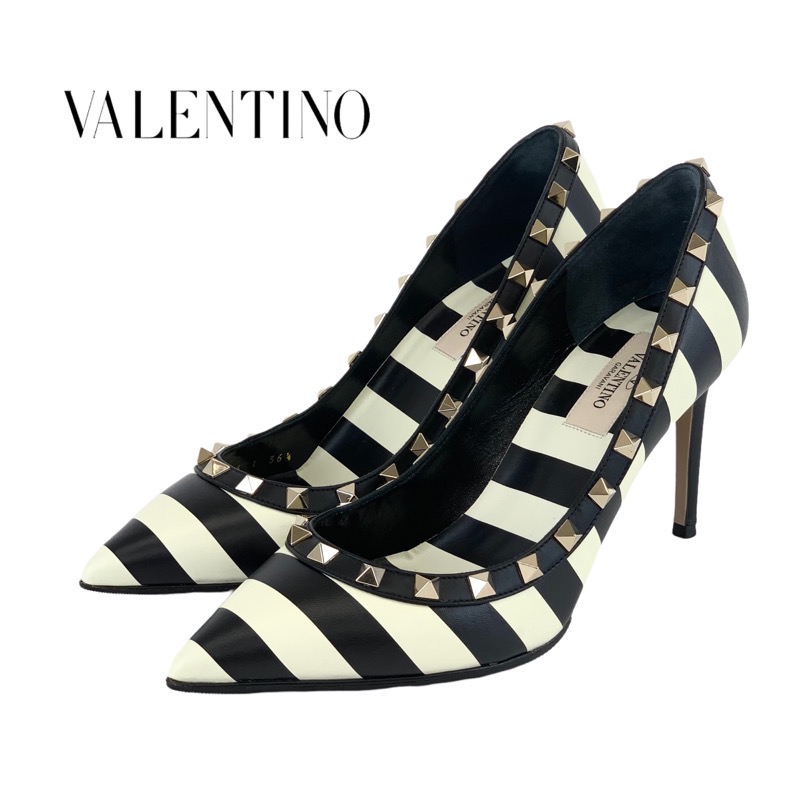 ヴァレンティノ VALENTINO パンプス 靴 シューズ ロックスタッズ ストライプ レザー バイカラー ブラック ホワイト ギフト プレゼント 送料無料｜H3（エイチスリー）店