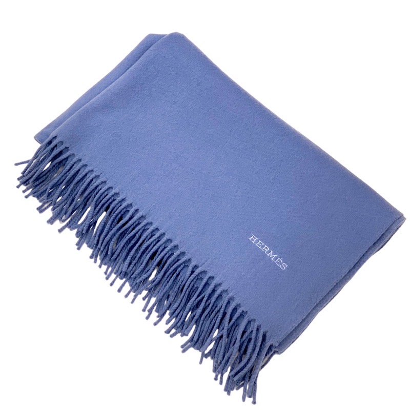 エルメス カシミヤ ロゴ ストール ブルー HERMES エルメス ショール ストール ダブルフェイス ロゴ刺繍