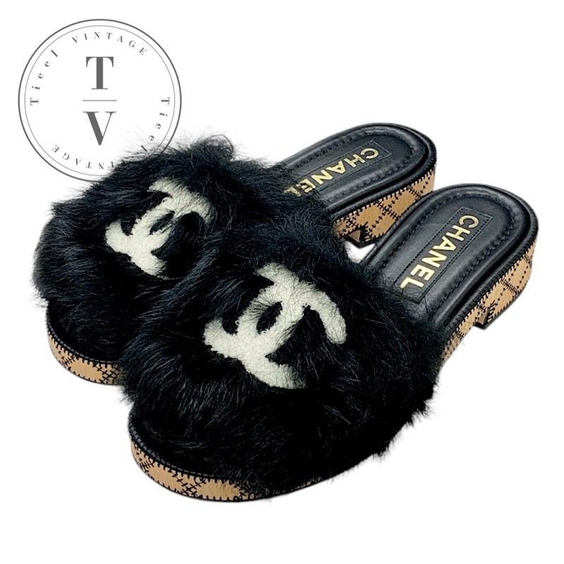 シャネル CHANEL サンダル 靴 シューズ 毛革 黒いこと 白いこと 黒 ココマーク ミュール
