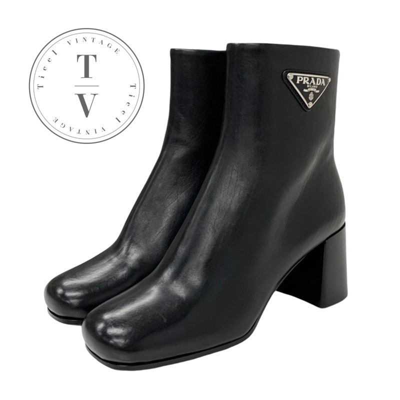 美品 PRADA プラダ ブラック レザーブーティ ブラック レザー ブーティー | PRADA