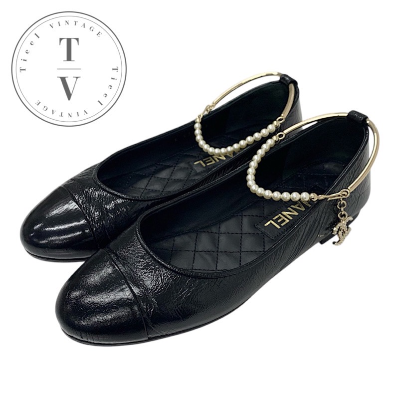 CHANEL ベージュ×ブラック フラットシューズ　レザー　23.5㎝ 極美品 CHANEL シャネル フラットシューズパンプス バレエ