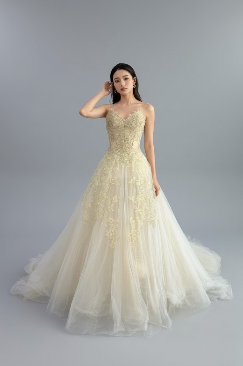 ヴェラウォン VERA WANG BRIDE アン Anne.A Aライン ウェディングドレス ベージュ ファーストオーナー チュール ベアトップ 刺繍