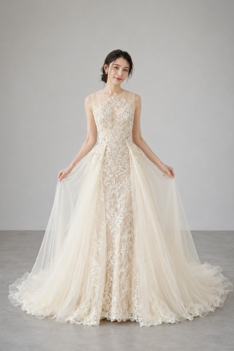 ブリスモニークルイリエ BLISS Monique Lhuillier A伝達ルート/人魚伝達ルート 華燭の典御召しもの ベージュ 一塁手所有権者 2way ノースリーブ 刺しゅう 御花画題