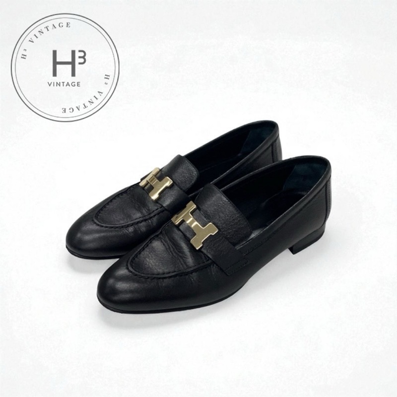 エルメス HERMES パリ ローファー 革靴 靴 シューズ レザー ブラック 黒 ゴールド H金具 モカシン｜H3（エイチスリー）店