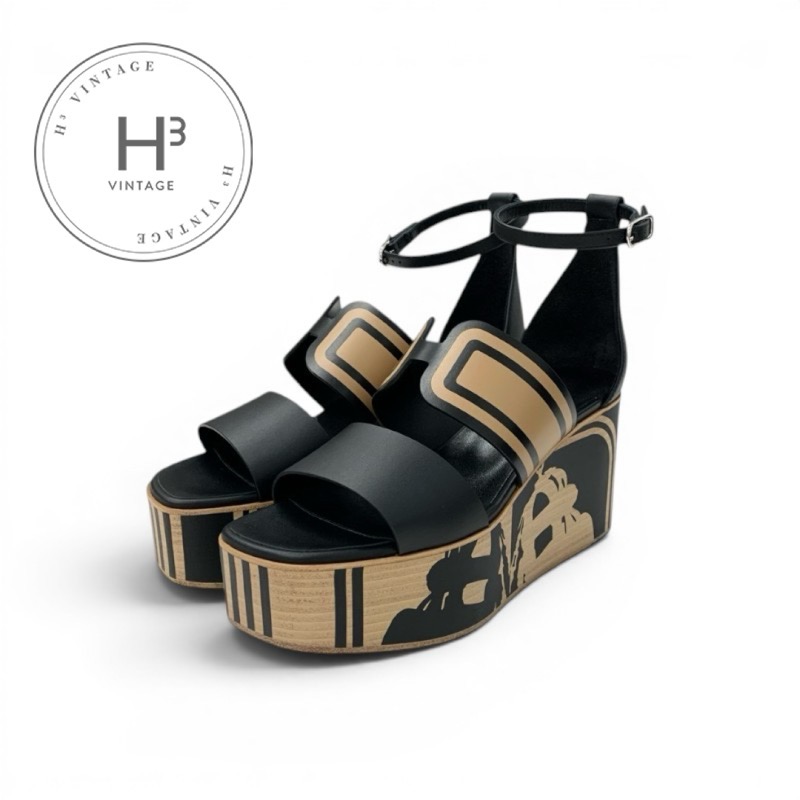 エルメス HERMES カリス サンダル 靴 シューズ なめし革 黒いこと 赤銅色 未当て嵌める Brides de Gala Quadri Tattoo ウェッジソール 同盟罷工一回り 厚底