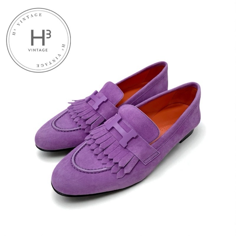 エルメス HERMES ロワイヤル ローファー 革靴 靴 シューズ スエード パープル モカシン フラットシューズ H金具 フリンジ 40,755円