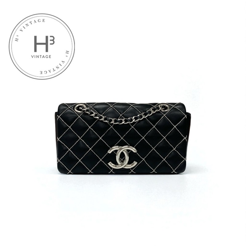 シャネル CHANEL バッグ ショルダーバッグ レザー ブラック 黒 シルバー ミニマトラッセ ココマーク シングルフラップ ダブルチェーン ビーズステッチ|H3(エイチスリー)店