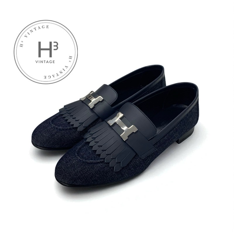 エルメス HERMES ロワイヤル ローファー 革靴 靴 シューズ デニム レザー ネイビー シルバー H金具 フリンジ モカシン フラットシューズ