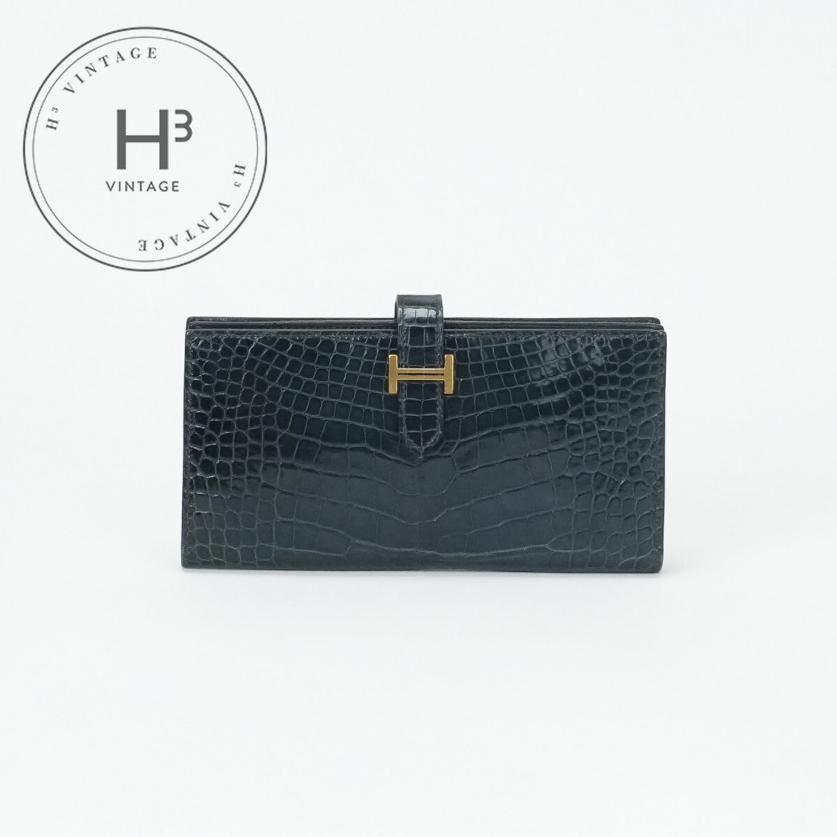 エルメス HERMES ベアンスフレ ベアン スフレ 財布 長財布 ロングウォレット アリゲーター クロコダイル ブルーマリン ブルー ネイビー 紺 ゴールド金具 エキゾチック