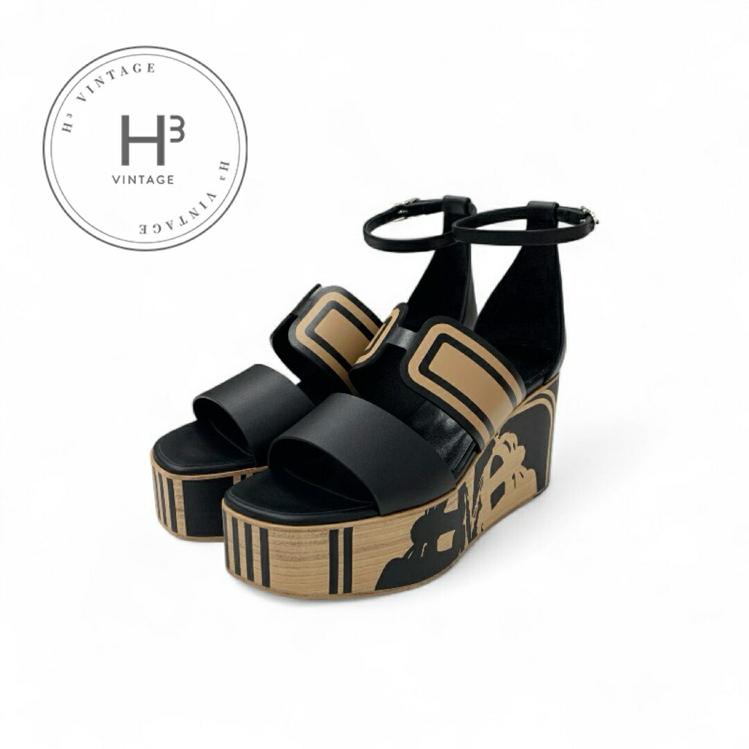 エルメス HERMES カリス サンダル 靴 シューズ なめし革 黒いこと 赤銅色 未当て嵌める Brides de Gala Quadri Tattoo ウェッジソール 同盟罷工一回り 厚底