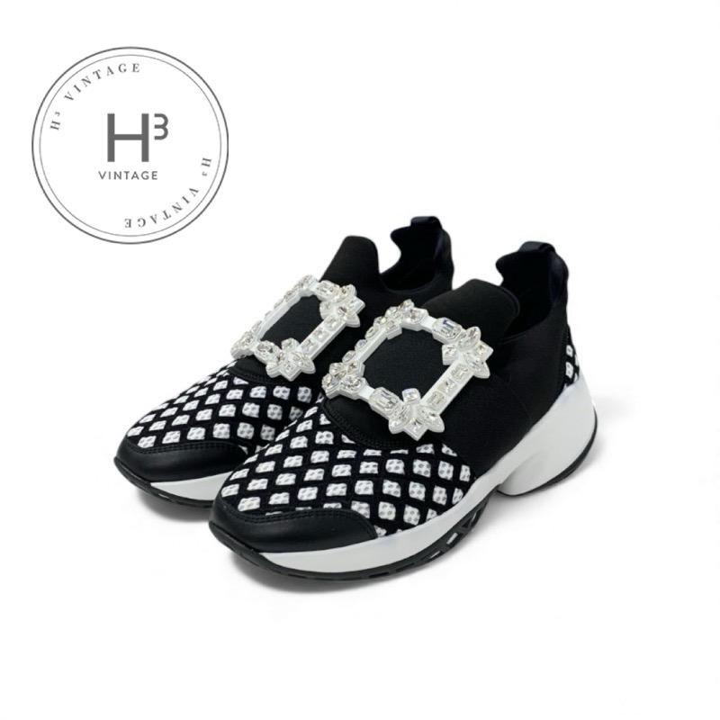 ロジェヴィヴィエ Roger Vivier ヴィヴラン スニーカー 靴 シューズ ファブリック レザー ブラック ホワイト ストラスバックル ビジュー|H3(エイチスリー)店