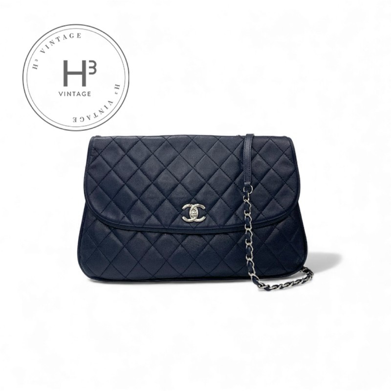 シャネル CHANEL バッグ ショルダーバッグ ラムスキン ネイビー シルバー ココマーク マトラッセ ターンロック シングルフラップ ダブルチェーン