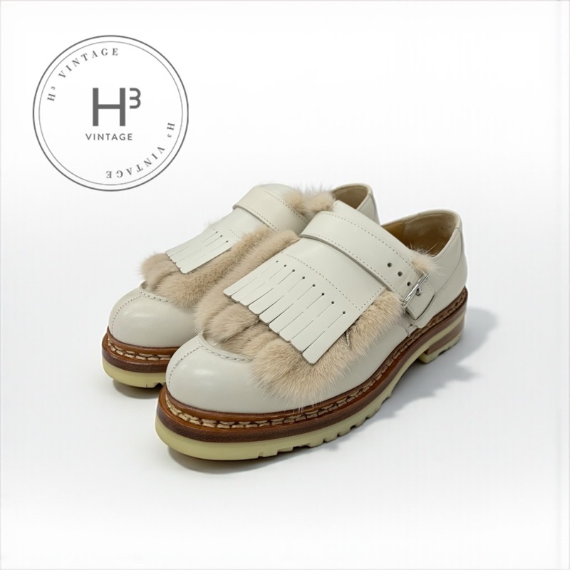 エルメス HERMES ローファー 革靴 靴 シューズ レザー ファー ベージュ フリンジ タッセル ダービー