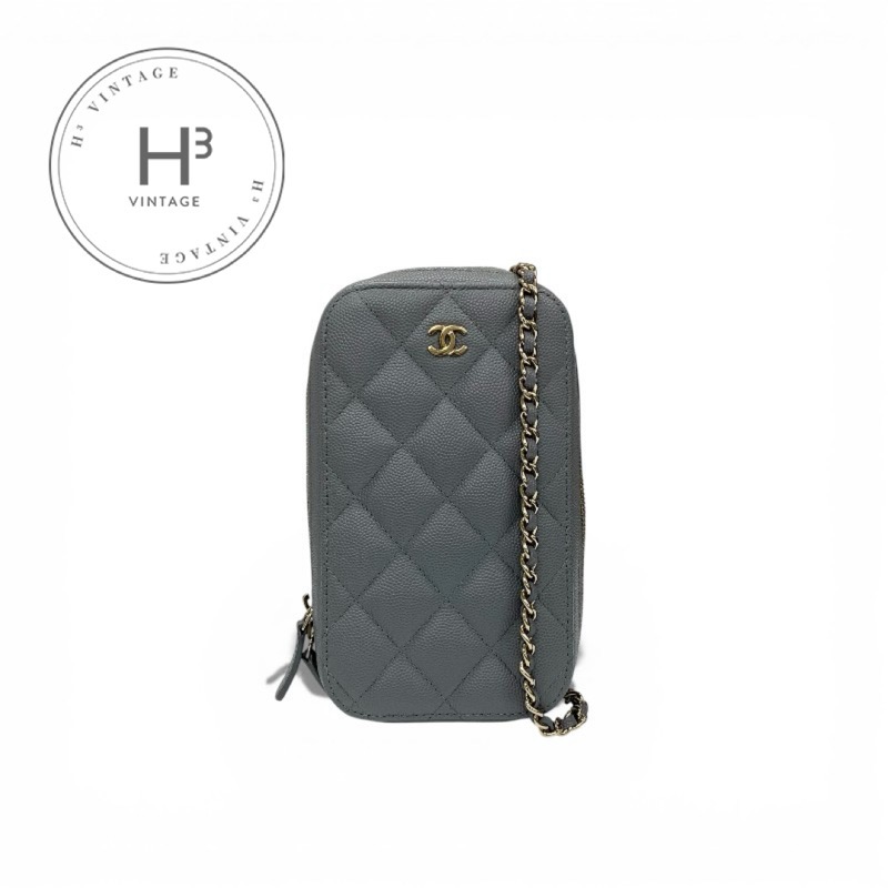シャネル CHANEL バッグ ショルダーバッグ グレー ゴールド ココマーク マトラッセ フォンケース モバイルポーチ チェーンショルダー｜H3（エイチスリー）店
