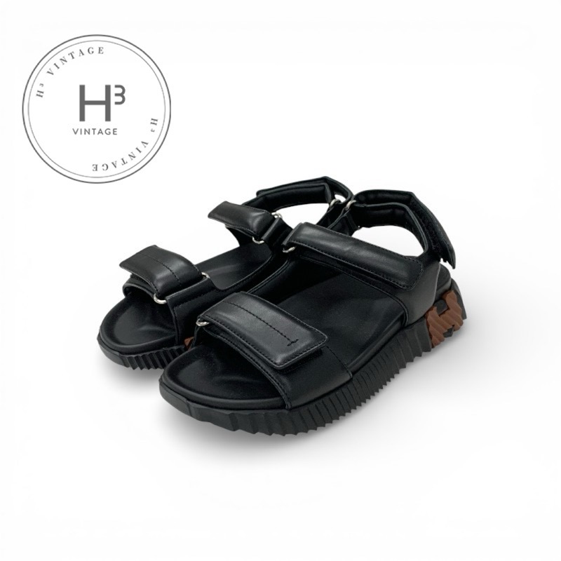 エルメス HERMES お坊っちゃん サンダル 靴 シューズ なめし革 黒いこと 赤銅色 未当て嵌める ロゴタイプ ベルクロ