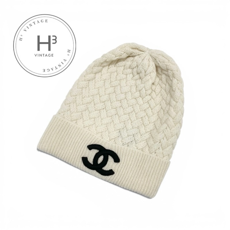 シャネル CHANEL 帽子 カシミヤ ホワイト ブラック ココマーク ニット帽 ビーニー|H3(エイチスリー)店