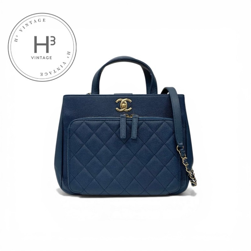 シャネル CHANEL ハンドバッグ ブルー ゴールド ビジネスアフィニティ キャビアスキン ターンロック ココマーク 2way ショルダーバッグ