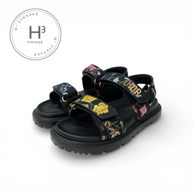 ディオール CHRISTIAN DIOR DIORACT サンダル 靴 シューズ テクニカルファブリック なめし革 マルチ色つや 黒いこと ゴールド 花柄刺しゅう ロゴタイプ ベルク天使の都市落とし穴 未当て嵌める