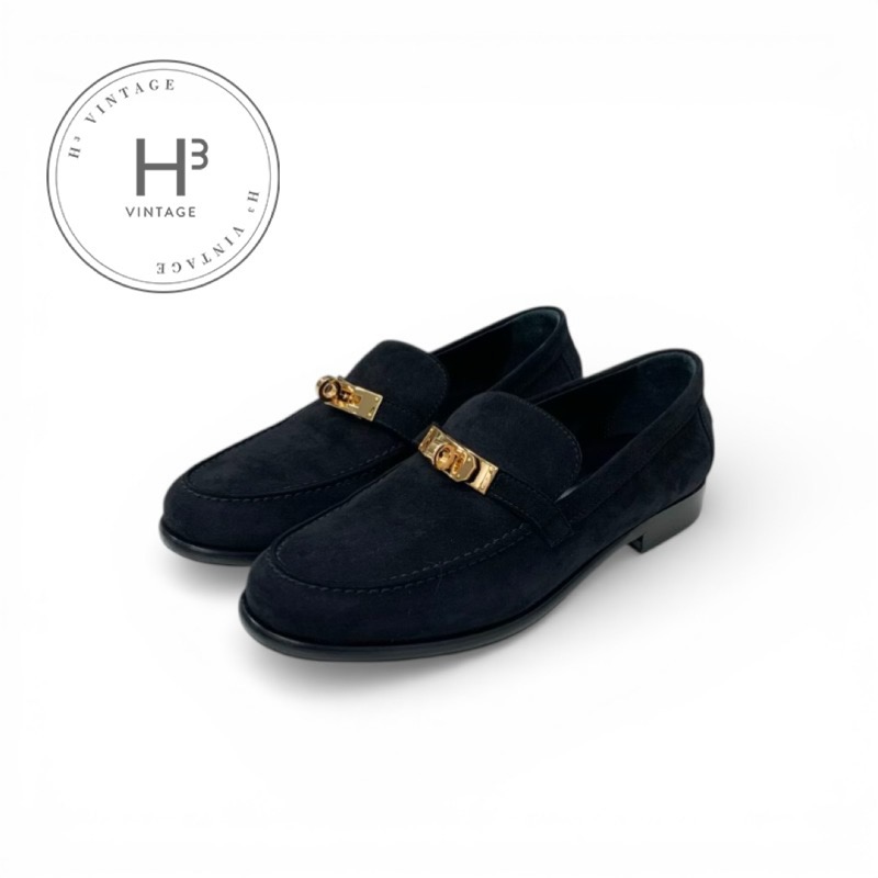 エルメス HERMES デスタン ローファー 革靴 靴 シューズ スエード ブラック 黒 ゴールド ケリー金具 モカシン｜H3（エイチスリー）店