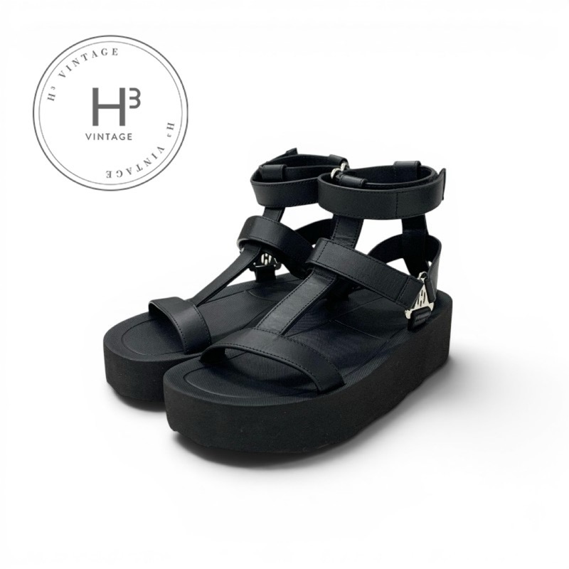 エルメス HERMES エニド サンダル 靴 シューズ なめし革 黒いこと 黒 しろがね色 Hディアマンバックル ベルクロ アンクルストラップ 運動競技サンダル