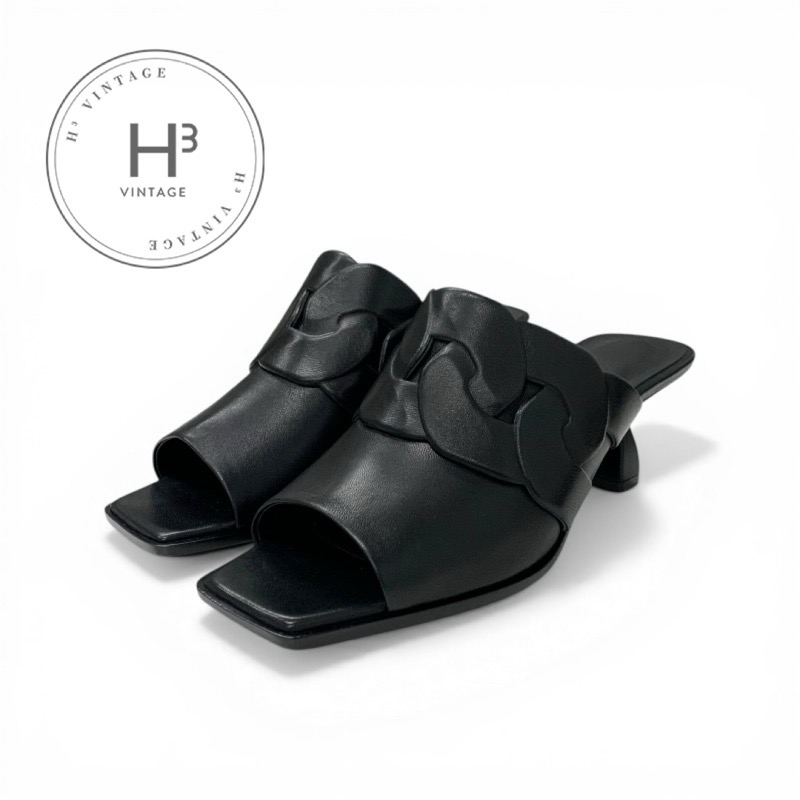 エルメス HERMES ハンナ95 サンダル 靴 シューズ なめし革 黒いこと 黒 ミュール 未当て嵌める