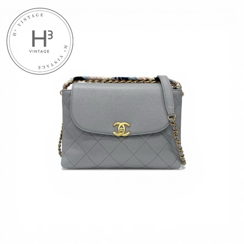 シャネル CHANEL バッグ ショルダーバッグ グレー ゴールド マトラッセ ココマーク キャビアスキン チェーン ターンロック 2WAY|H3(エイチスリー)店