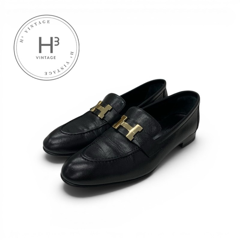 エルメス HERMES 光の都市 置き目毛革 革靴 靴 シューズ なめし革 黒いこと 黒 ゴールド モカシン H金具