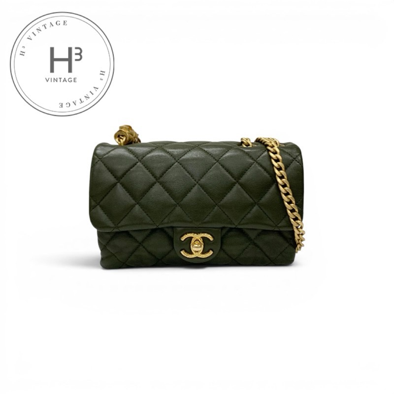 シャネル CHANEL バッグ ショルダーバッグ ラムスキン カーキ ゴールド マトラッセ ミニフラップバッグ ココマーク チェーンリング ターンロック 2way｜H3（エイチスリー）店