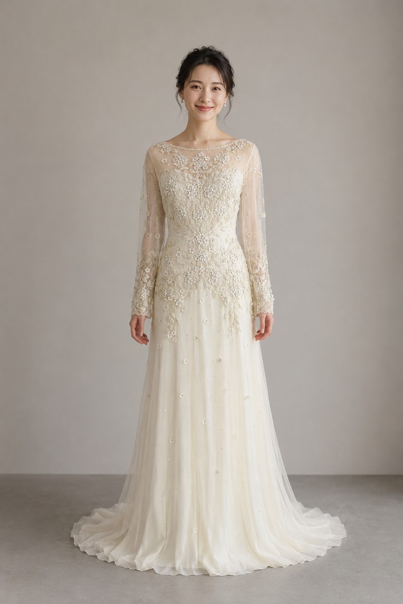 ジェニーパッカム Jenny Packham アパッチ Apache スレンダーライン 華燭の典御召しもの 白いこと 白 ロング衣袂 ビジュー 御花画題 岩礁 チュール シアー