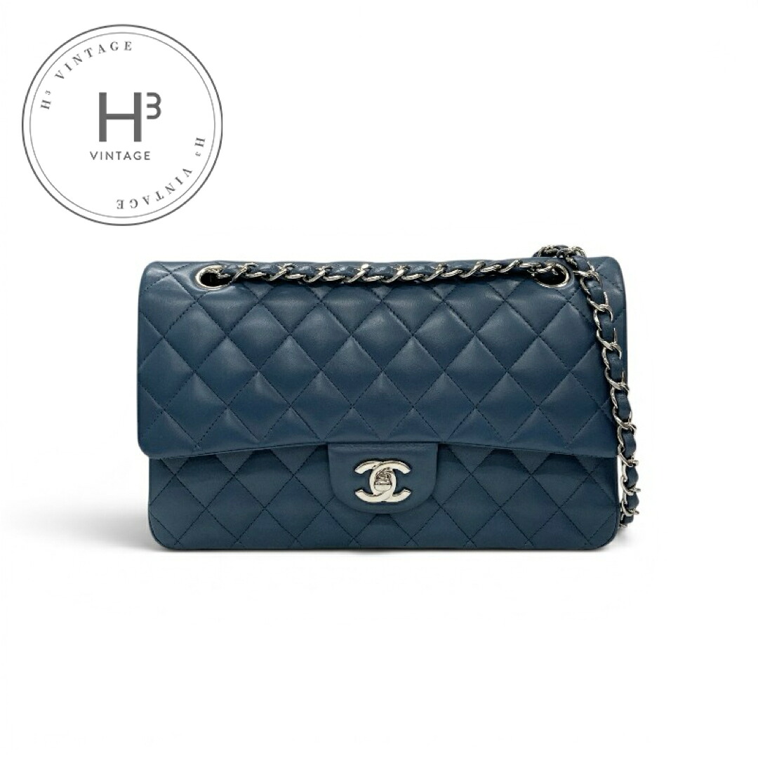 シャネル CHANEL バッグ ショルダーバッグ ラムスキン ブルー シルバー ココマーク マトラッセ25 ターンロック ダブルフラップ ダブルチェーン｜H3（エイチスリー）店