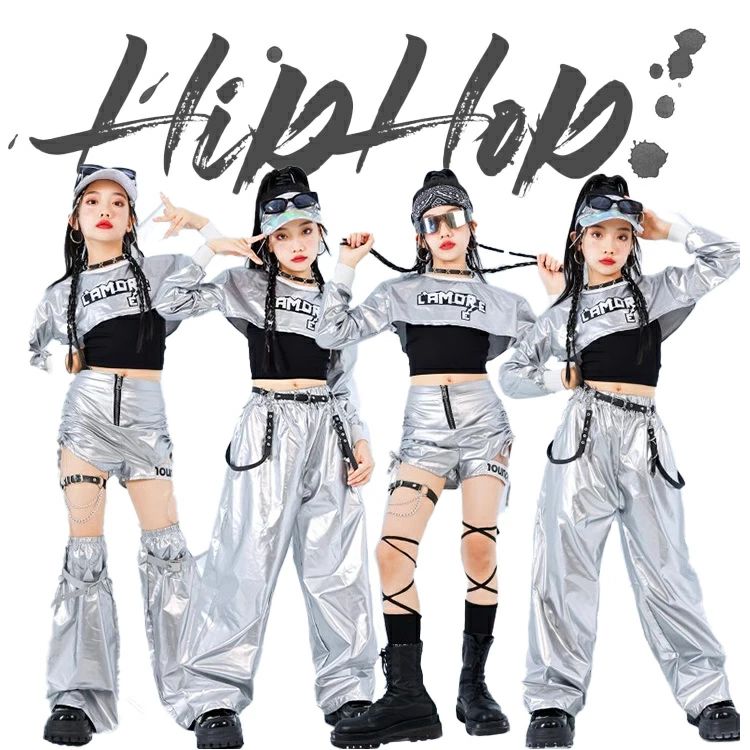 ダンス キッズ 女の子 Y2K へそ出し ダンス衣装 シルバー ガールズ 短パンツ 長袖 長パンツ ダンスウェア 発表会 応援団 イベント ジ