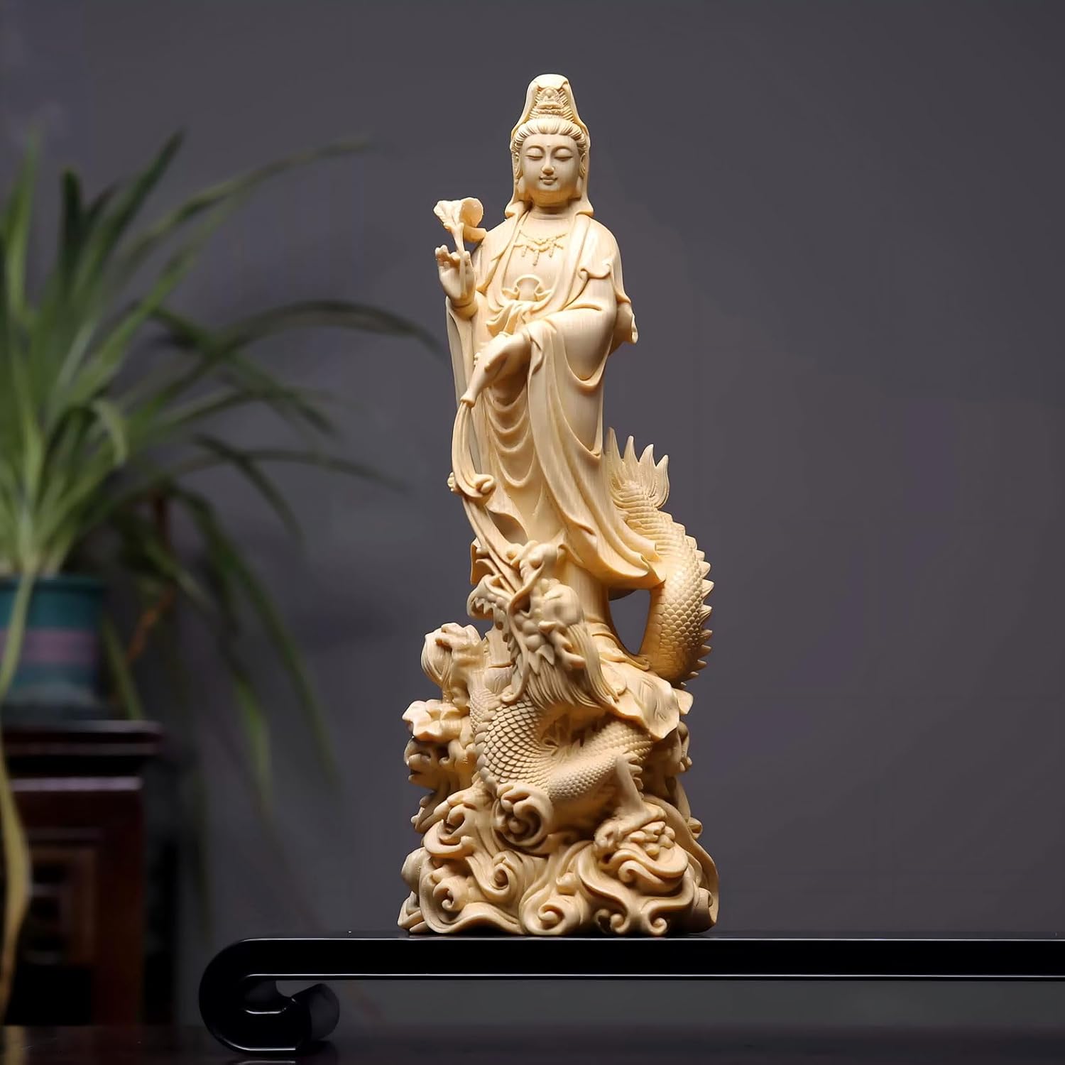 木彫りの仏像【観音像 龍乗観音 龍観音】30糎 桧木製飛び切り木彫り 開運 厄除け 芸術品 芸術品 縁起物 金運引き上げる 飾りつけ