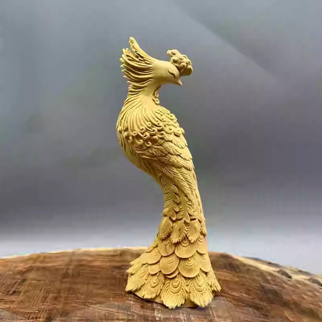 木彫りの飾りつけ【 風水 鳳凰】13糎 柘植 鳥の王 飾りもの 風水グッズ オブジェ 室内装飾