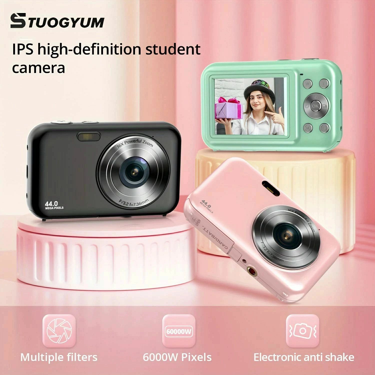 デジタル写真機 学習者高こと細かデジタルカメラコンパクトカメラFHD 1080P 44MP 16Xデジタル望遠レンズ 6X望遠レンズ付き添い人Vlogging写真機2.4inスク