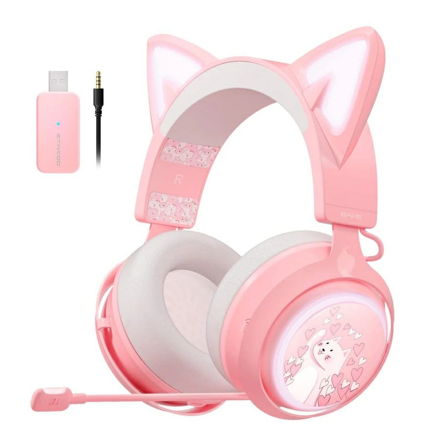 ゲーミングヘッドセット 猫耳ヘッドホン ワイヤレスヘッドセット オーバーイヤーヘッドホン マイク付き 50ｍｍ ドライバー LEDランプ 重