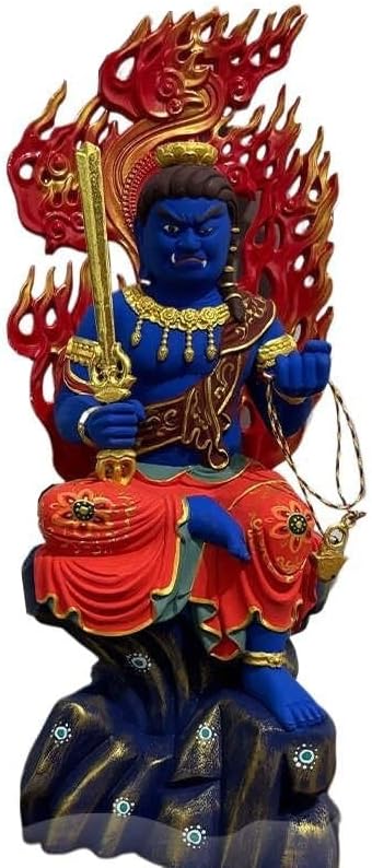 木彫り 仏像【不動明王 半跏像 】桧木製 極彩色絵系
