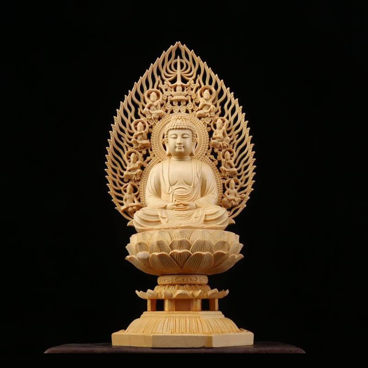 木彫り 仏像 阿弥陀如来 桧木製 総高さ30糎 仏像図形 寄せ合わせ 木彫り仏 大仏様の飾りつけ 芸術品 仏壇仏像 八角茴香土台 祈る 厄除け