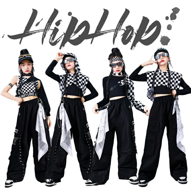 チェック柄 黒白 ダンス キッズ 女の子 Y2K へそ出し ダンス衣装 アームフォーマー ガールズ 無袖 パンツセット チェック柄 カーゴパン